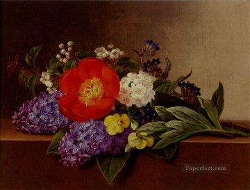 古典的 Painting - ライラック スミレ パンジー サンザシの挿し木と牡丹 大理石の棚の上 ヨハン・ラウレンツ・ジェンセンの花